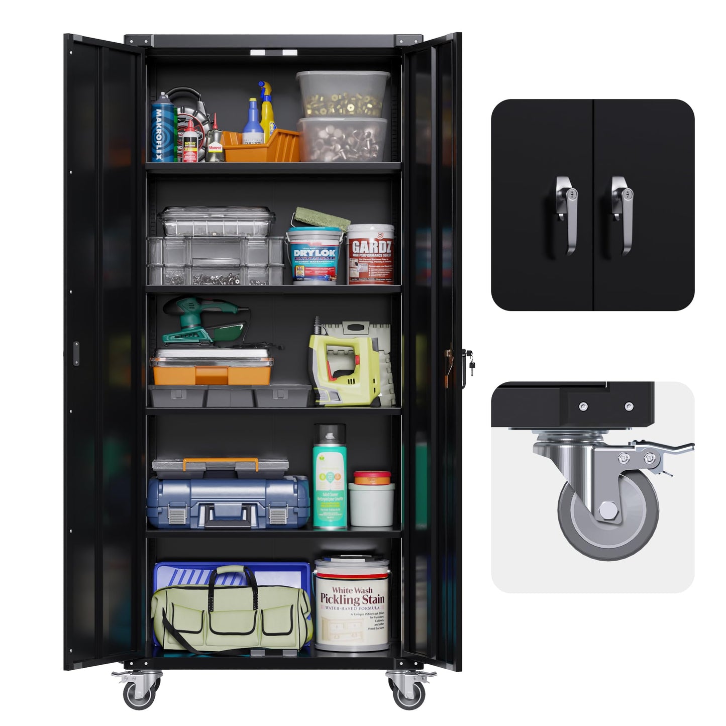 UINSOO 72" Tall Black Metal Storage Cabinet with Wheels, Rolling Storage Garage Cabinet with Adjustable Shelves and Door for Garage, Office, Kitchen, Laundry Room, Assembly Required - WoodArtSupply