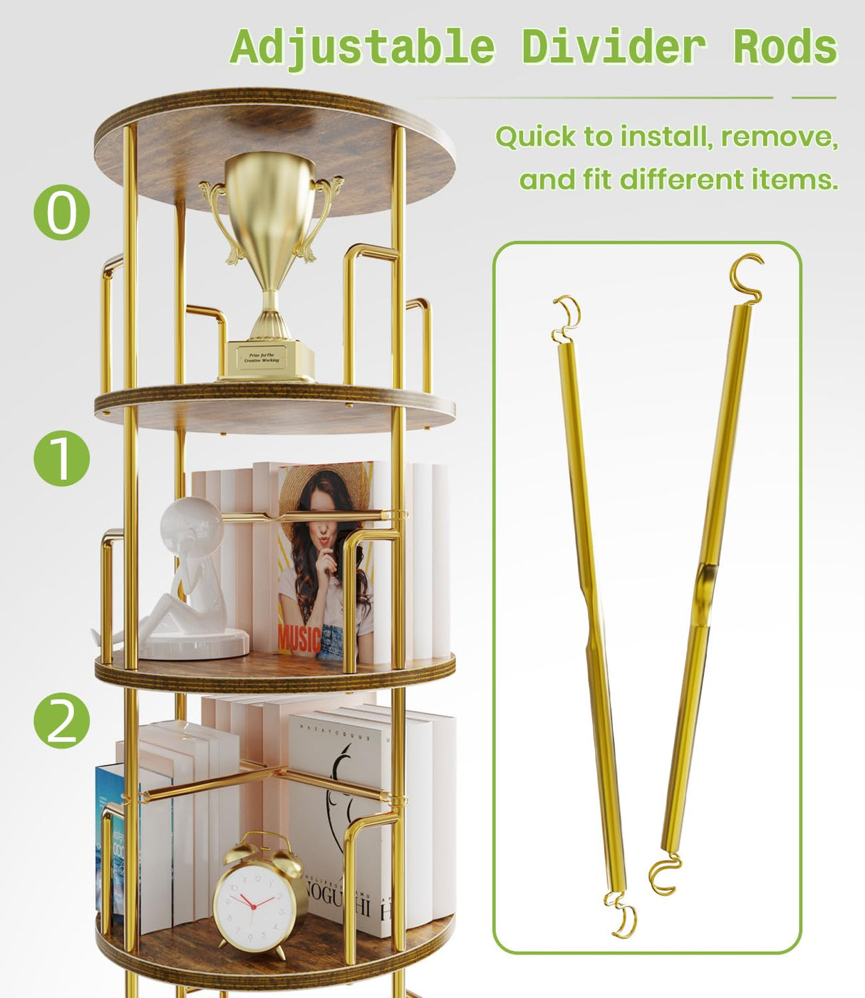 6 Tier Rotating Bookshelf Tower Round,74” Tall Spinning Bookshelf Tower Anti-Tipping Design,Metal & Wood Standing Revolving Bookcase Stackable Space Saving for Small Spaces,Study,Living Room,Bedroom Amzeth