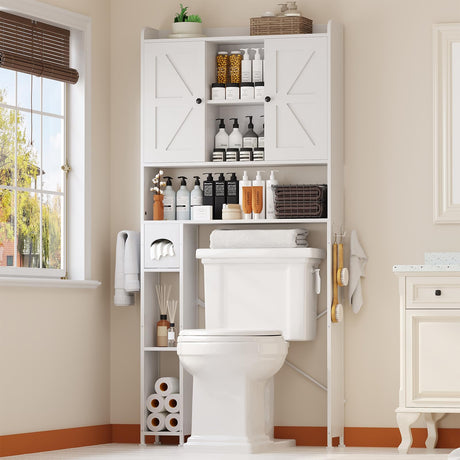 EasyCom Over The Toilet Storage Cabinet with Metal Frame and 7 Storage Shelves, Bathroom Organizer with Adjustable Shelves, Paper Holder and Racks, Farmhouse Storage Cabinet for Laundry, White EasyCom