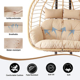 Double Egg Chair with Stand, Patio Wicker Hanging Swing Egg Chair Thickened, Galvanized Pipe Steel Frame and UV Resistant Cushion for Bedroom Garden Indoor Outdoor, 440LBS Capacity (Natural Beige) JOINFUN