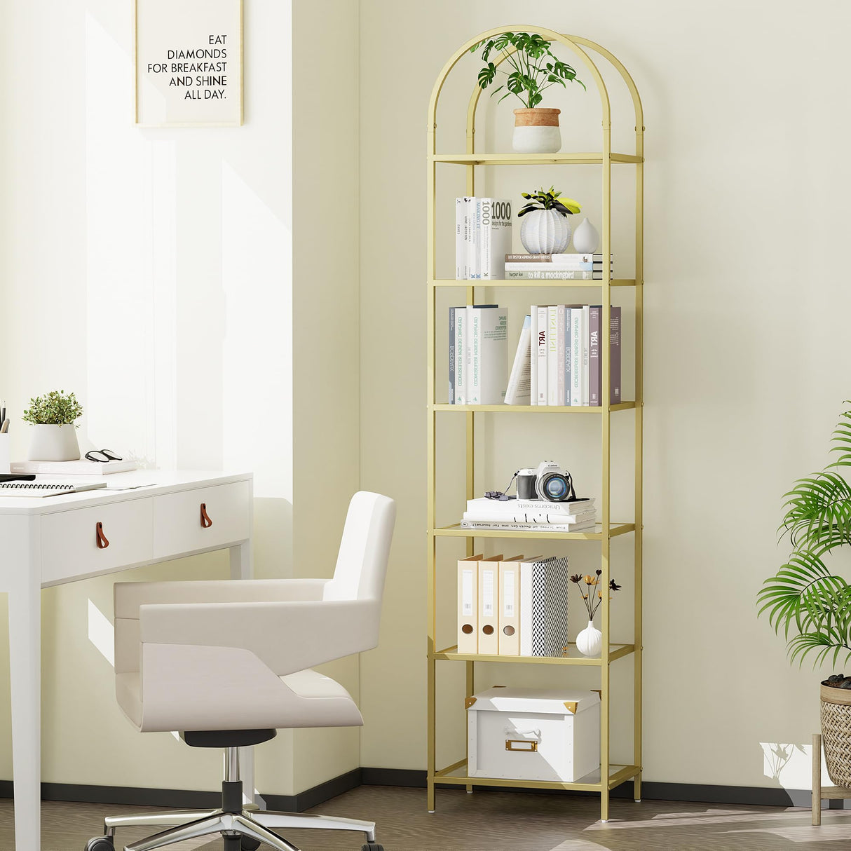 Homhedy Bookshelf Arched Display Racks,Metal Bookcase,Tempered Glass Shelves,Storage Rack Shelf for Home Office,Living Room,Bedroom, Bathroom,Modern Style (Golden, 11.8" D x 13.8" W x 68.1" H) Homhedy