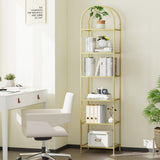 Homhedy Bookshelf Arched Display Racks,Metal Bookcase,Tempered Glass Shelves,Storage Rack Shelf for Home Office,Living Room,Bedroom, Bathroom,Modern Style (Golden, 11.8" D x 13.8" W x 68.1" H) Homhedy