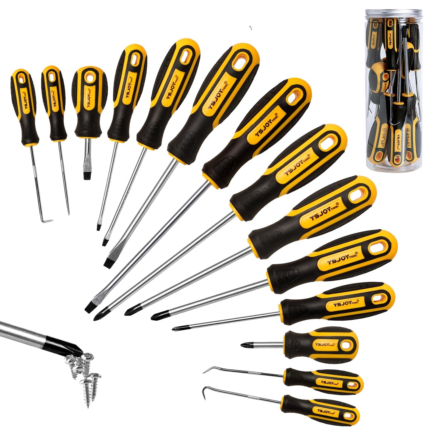 YSJOYTOOL 14-Piece Magnetic Screwdriver Set, 5 Phillips and 5 Flat Tips with 4 Pick & Hooks - Storage Bucket(14PCS) - WoodArtSupply