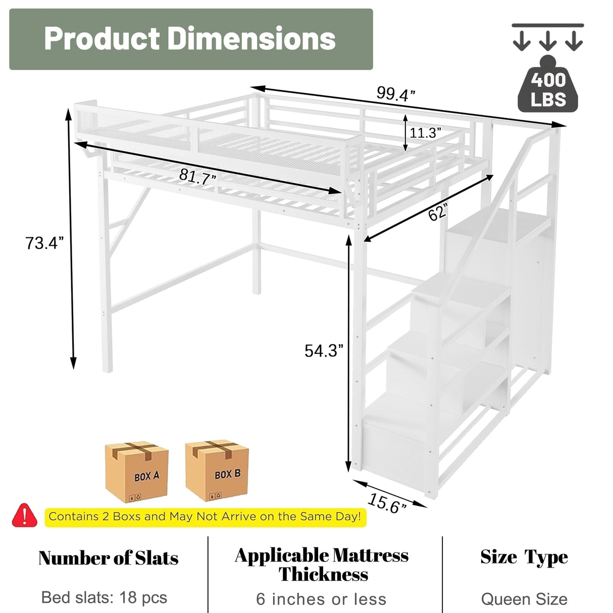 MoproBeti Queen Loft Bed with Stairs, Metal Loft Beds Queen Size Adults with Storage Shelves and Wardrobe, Heavy Duty High LoftBed for Teens, No Box Spring Needed, No Noise,White MoproBeti