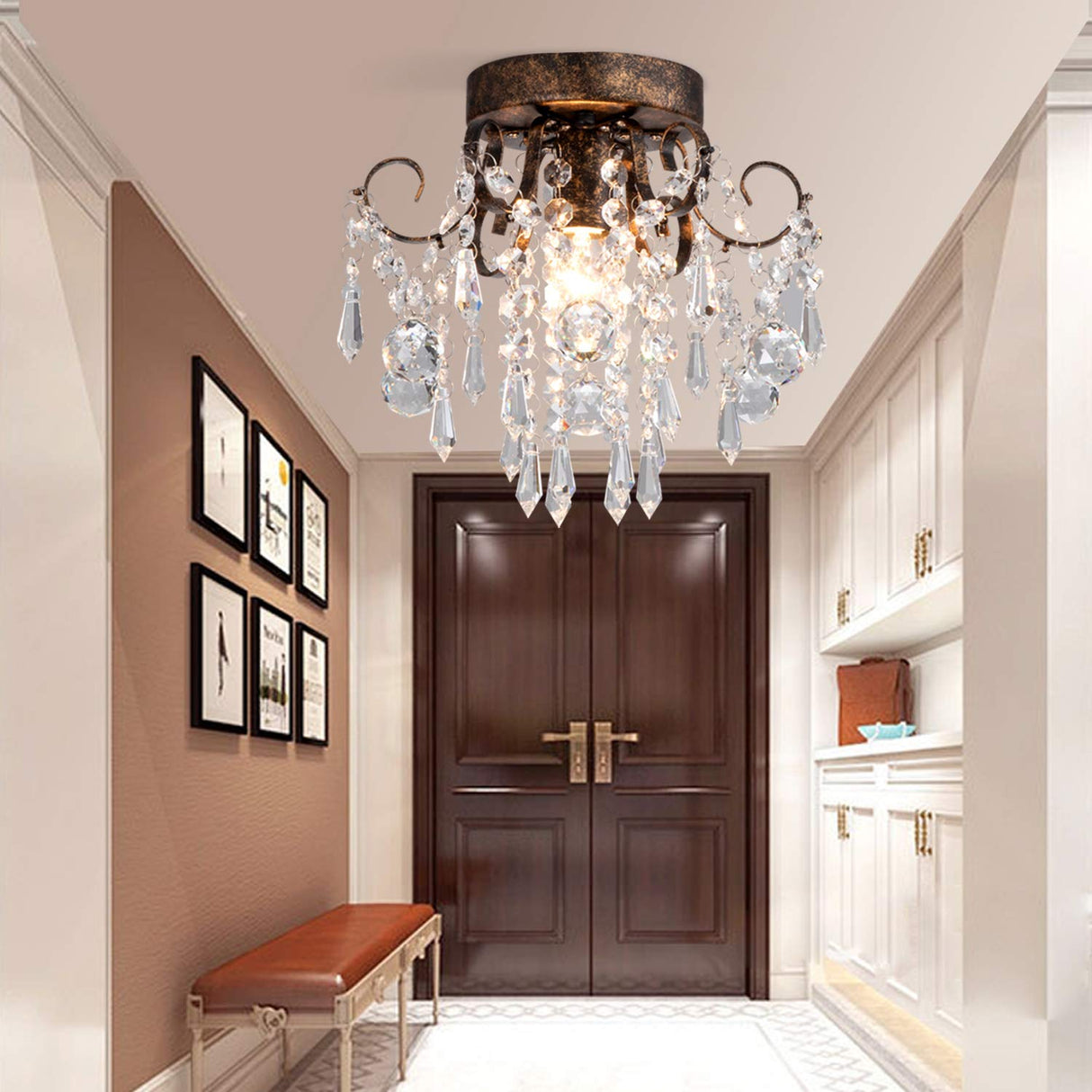 Q&S Small Crystal Ceiling Light Fixture Flush Mount,Black Ceiling Lights Modern Chandelier,Bedroom Hallway Closet Light Fixture Ceiling,Dia9.5 1 Light. Q&S