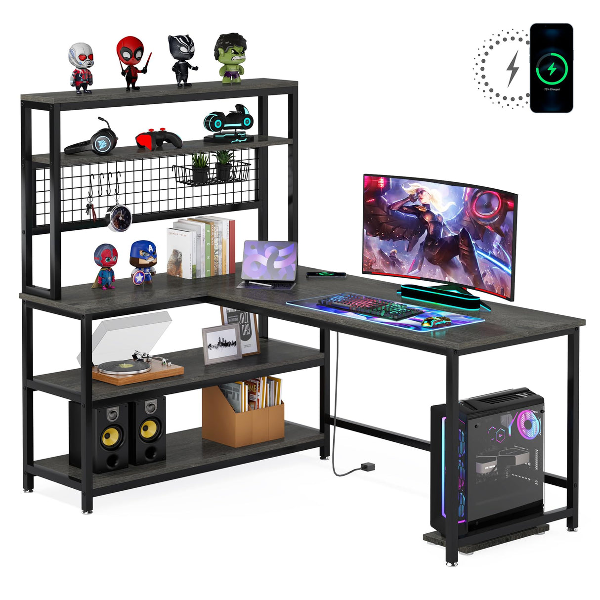 Tribesigns 55" Grey L-Shaped Computer Desk with Wireless Charging and 5 Storage Shelves Tribesigns