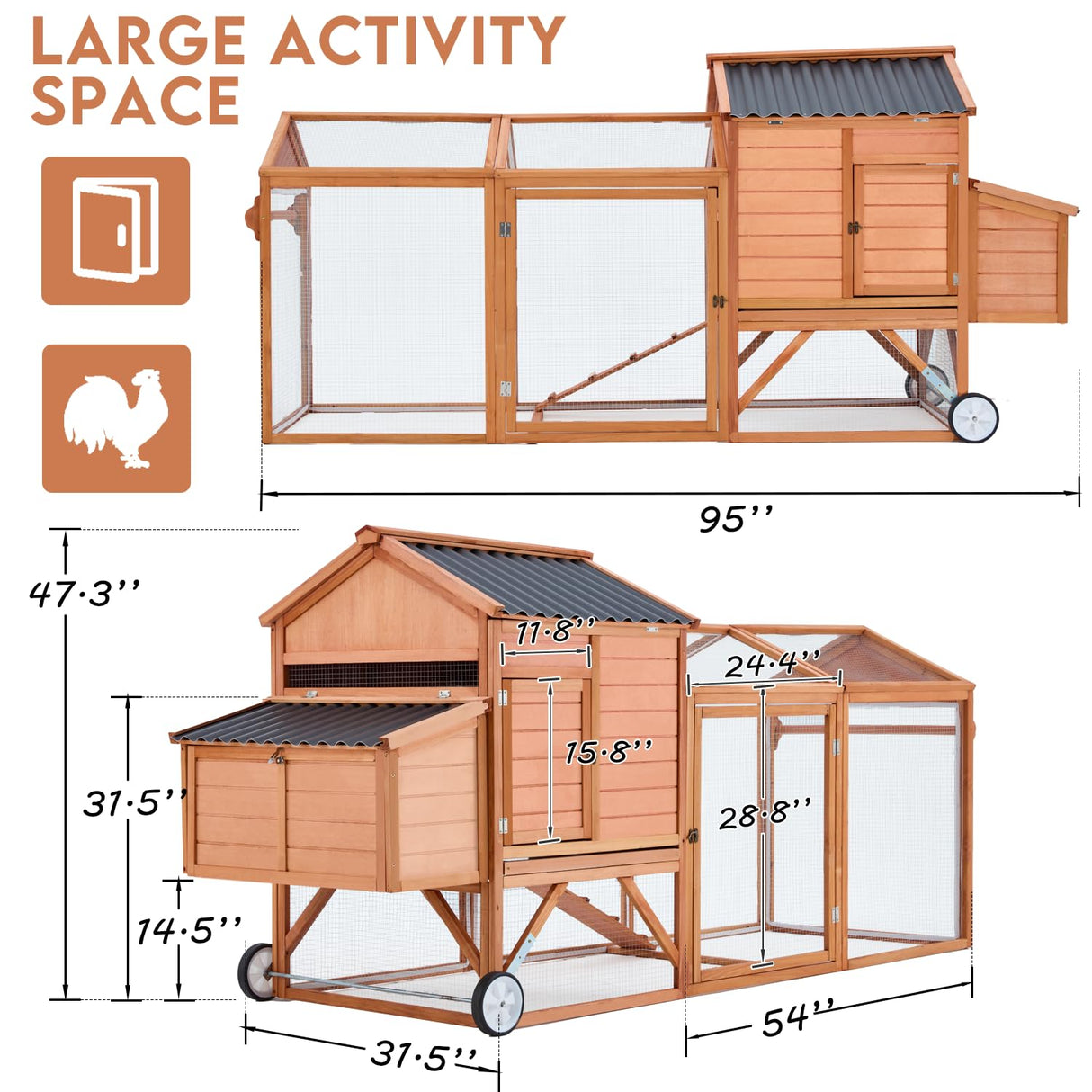 U-MAX 95“ Chicken Coop with Wheels, Wooden Chicken Tractor Hen House with Run, Nesting Boxes, Ramps, Removable Tray, Natural Wood U-MAX