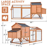 U-MAX 95“ Chicken Coop with Wheels, Wooden Chicken Tractor Hen House with Run, Nesting Boxes, Ramps, Removable Tray, Natural Wood U-MAX