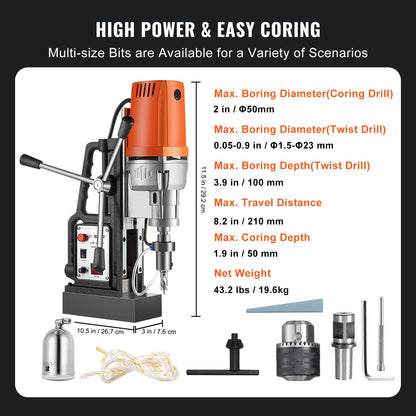 VEVOR 1680W MD50 Magnetic Drill 300 RPM Spindle Speed Electric Magnetic Drilling System with 2 Inch Boring Diameter and 2900 LBS Magnet Force - WoodArtSupply