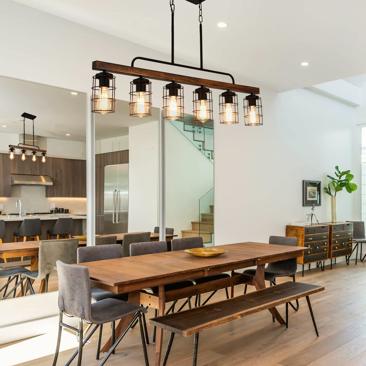 HOSENJOIN Island Lights for Kitchen,6-Light Dining Room Light Fixtures Over Table, Wood Linear Rustic Chandelier Pendant Lighting for Kitchen Island Dining table,Black 360W HOSENJOIN