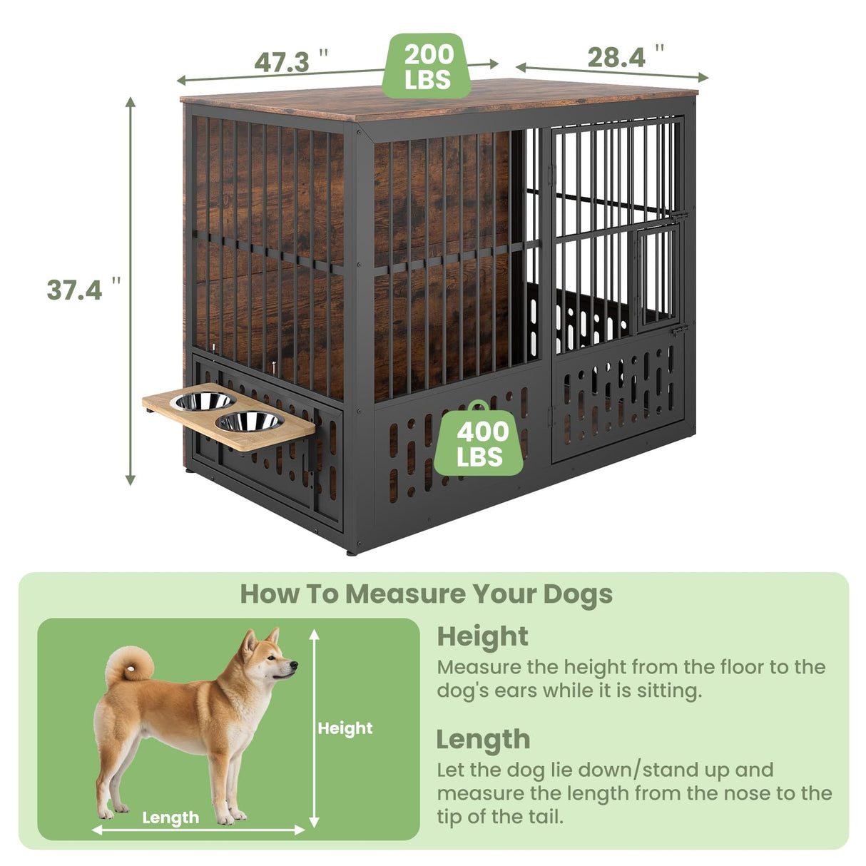 Yafylly 48 Inch XXL Dog Crate Furniture, Wooden Chewproof Dog Kennel with Interactive Window, 360° Adjustable Bowls (5 Heights), Storage Table Top, Heavy Duty XL Dog Crate for Medium Large Dogs, Brown Yafylly