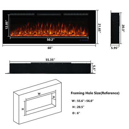 Dreamflame Electric Fireplace 60inches, Wall-Mounted & Recessed Fireplace Inserts, Multicolor Flame w/5 Dimmer, Remote Control Thermostat, Timer, Overheating Protection, Hardwire Connect, 1500W,Black