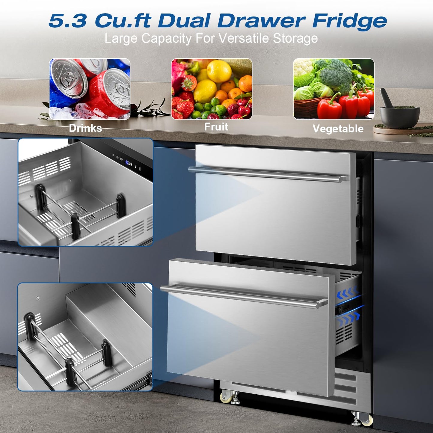 24 Inch Dual Drawer Fridge Under Counter, Stainless Steel Weather-Proof Design Outdoor Beverage Refrigerator for Patio, Freestanding or Built-In Installation, Ideal for Home and Commercial Use