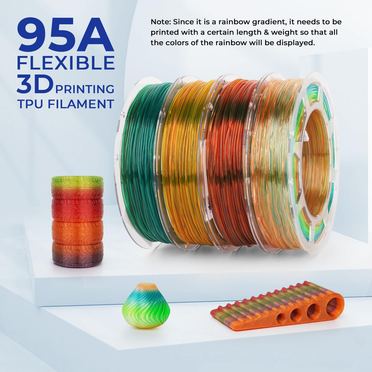 AMOLEN TPU 3D Printer Filament Bundle, Transparent Multicolor Rainbow TPU 1.75mm, Color Change Flexible Soft TPU 3D Printing Filament Supports High Speed, 200gX4 Spools AMOLEN
