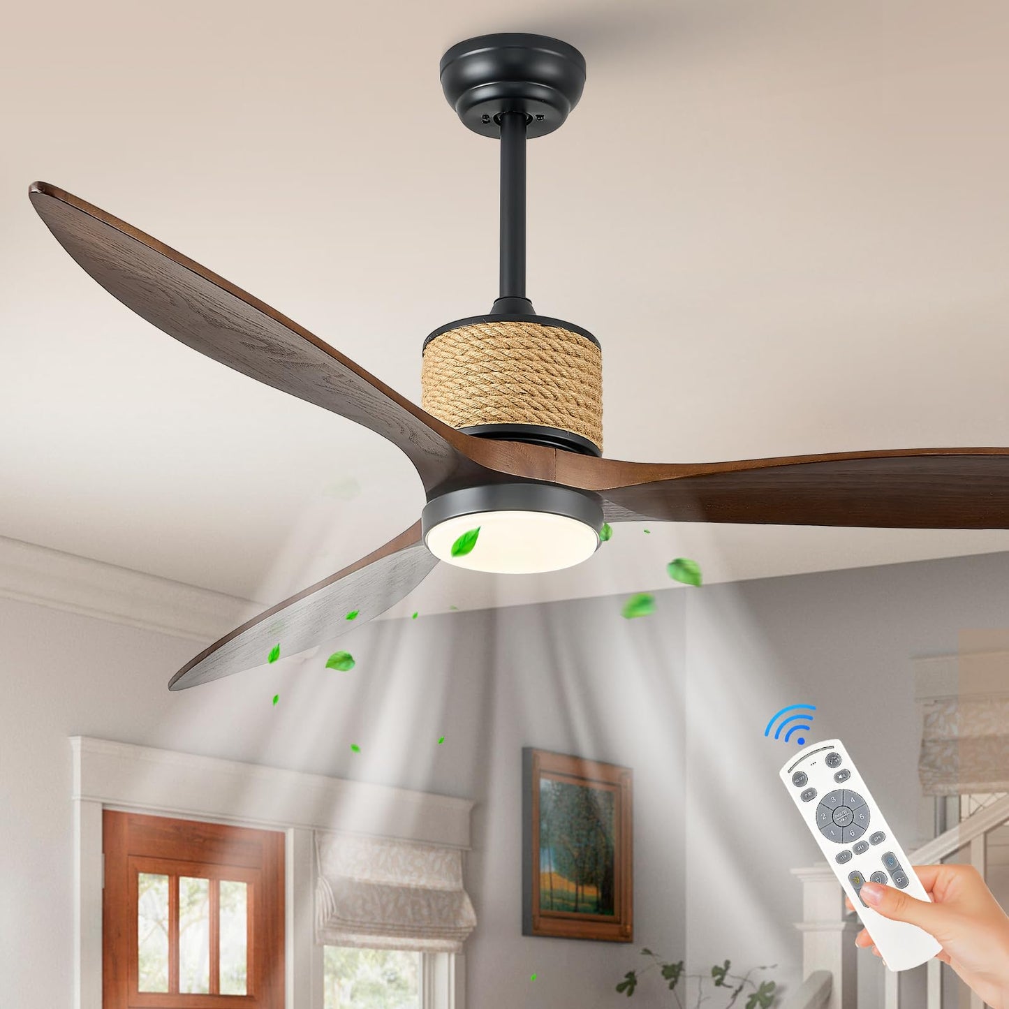 FookChak 60in Dimmable Black Ceiling Fan Light with Remote Control 3 Blade Hemp Rope Farmhouse Ceiling Fan with Light Walnut Wood LED Ceiling Fan Outdoor for Patio Kitchen Bedroom Living Room