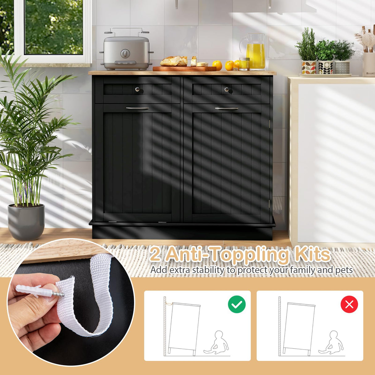 Giantex Kitchen Trash Cabinet, Kitchen Island with Tilt Out 15.5 Gallon Garbage Bin, Rubber Wood Countertop, Large Cabinet, 2 Drawers, Adjustable Shelf, Recycling Can Holder Organizer (Black) Giantex