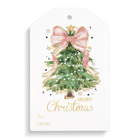 Teling 50 Pcs Christmas Gift Tags with String Pink Bow Merry Christmas Paper Gift Tags Xmas Hanging Label for Happy Holiday for Presents, Modern Paper Xmas Label(Pink Bow) Teling