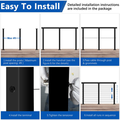Zylorix 8ft-12ft Complete Set Cable Railing System 36", Black T304 Stainless Steel Cable Railing Posts Kit with Adjustable Handrail Cable Rail, Super Easy DIY for Indoor Outdoor Level Decks