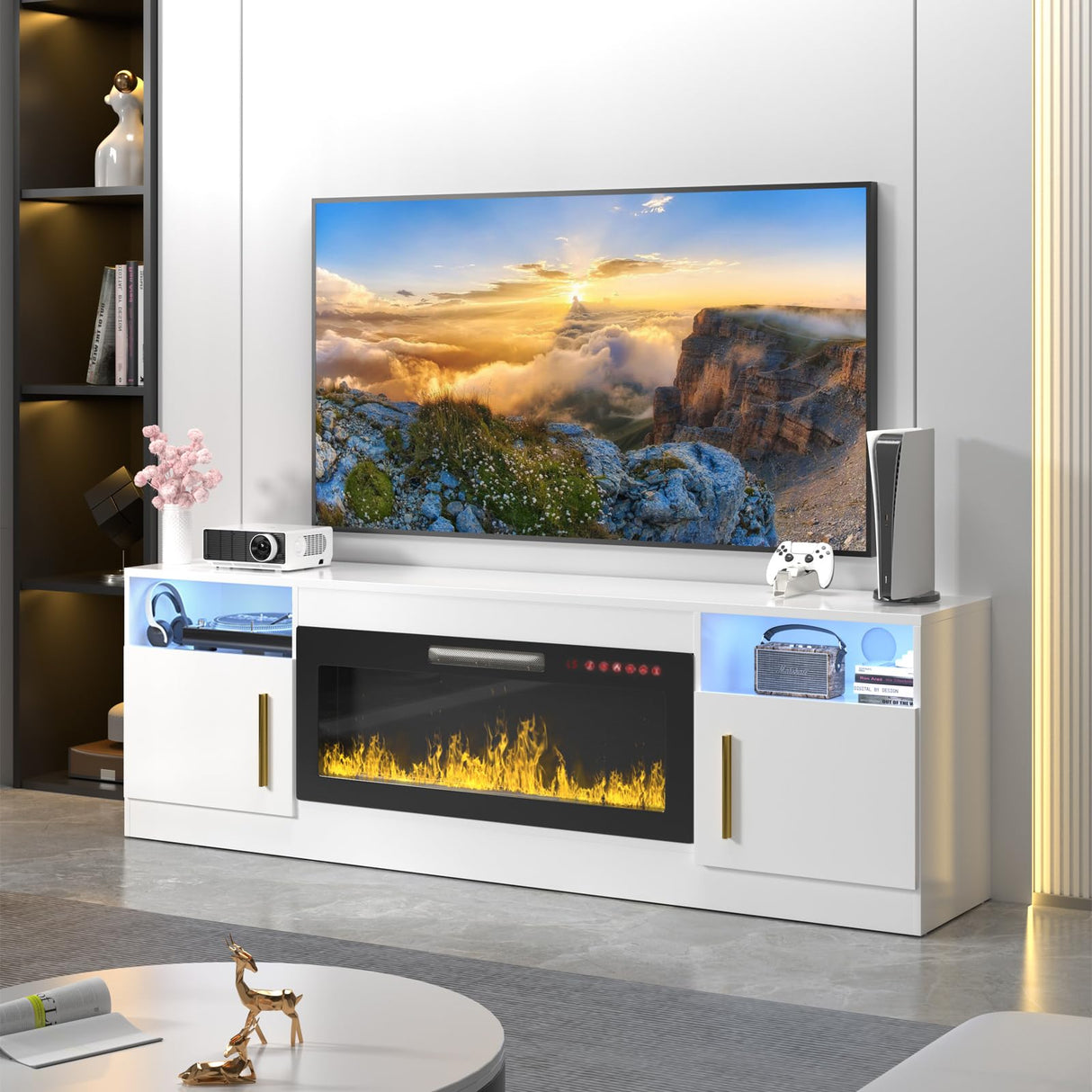 TV Stand with Fireplace - 70 Inch Modern Electric Entertainment Center, 36" LED Fireplace for Living Room, White, Up to 80" TVs VENDORZ