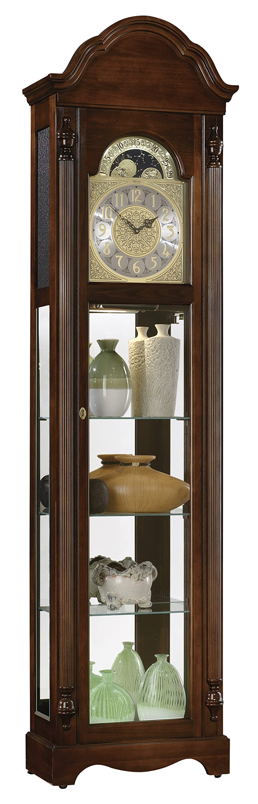 Howard Miller Ridgeway Clarksburg Curio Floor Clock II 2041 – Country Maple Finish Wood Frame, Three Glass Shelves, Interior Light, Vertical Home Decor, Quartz Movement Howard Miller