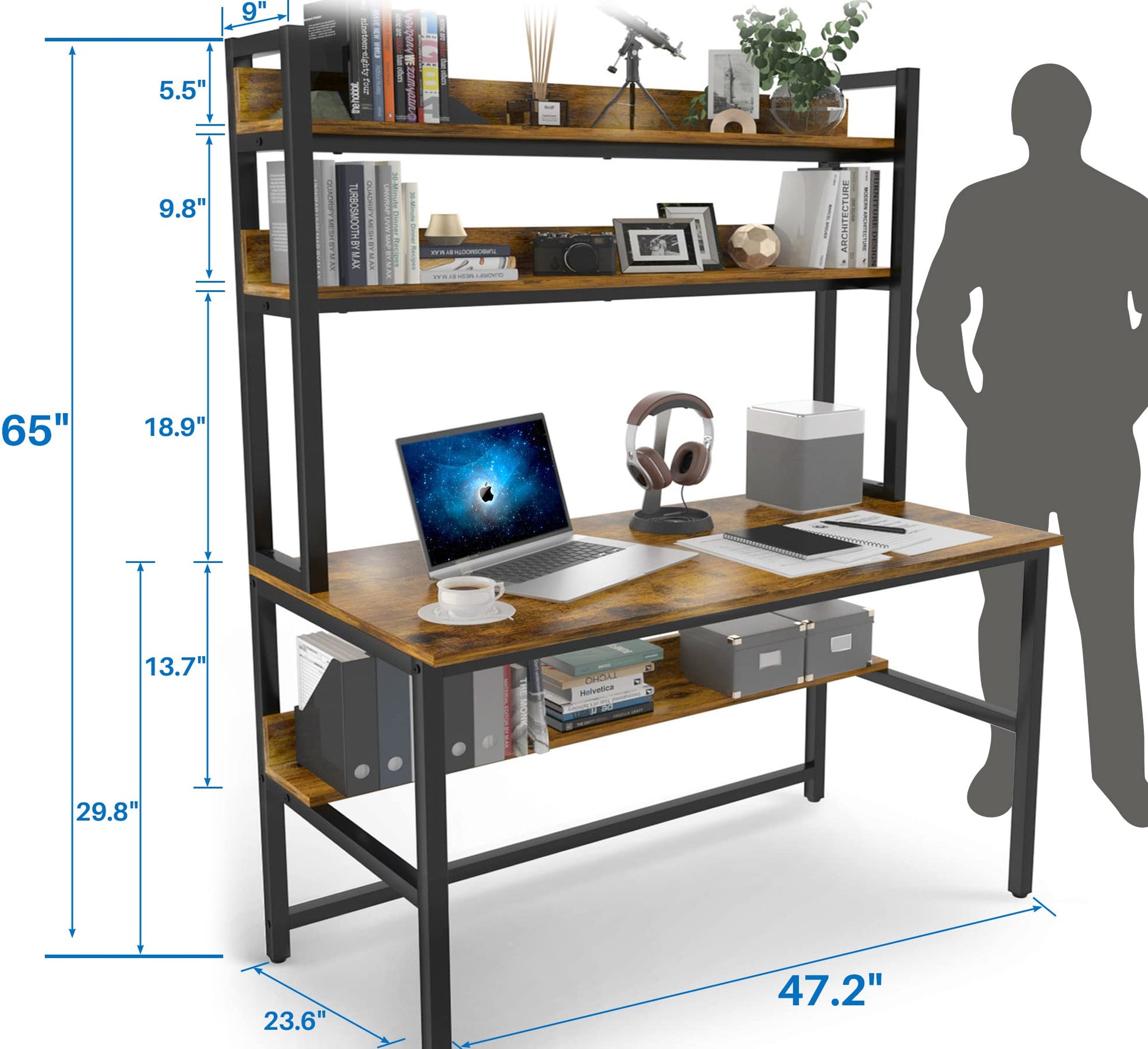 Aquzee Rustic Brown Computer Desk with Hutch & Bookshelf for Home Office – Space-Saving Industrial Design - WoodArtSupply