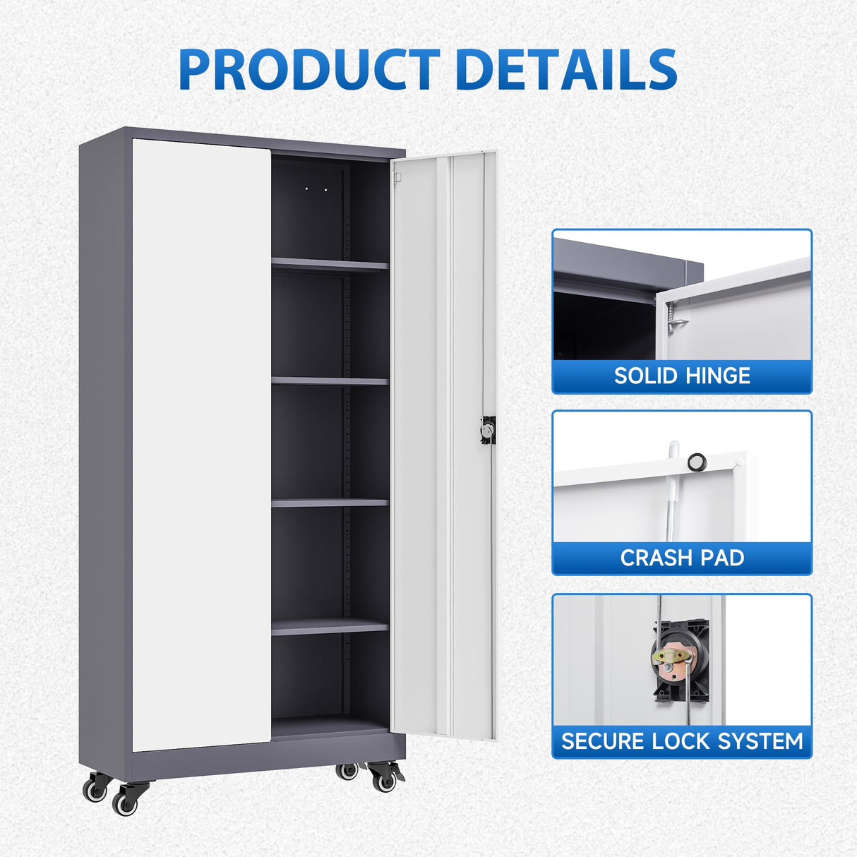 Metal Locking Storage Cabinet with Wheels, 2 Doors and 4 Adjustable Shelves, 73" Tall Rolling Garage Storage Cabinet with Lock for Home Office, Pantry, Tool Organizer (Gray White, 73"H -2 Door) heycode