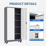 Metal Locking Storage Cabinet with Wheels, 2 Doors and 4 Adjustable Shelves, 73" Tall Rolling Garage Storage Cabinet with Lock for Home Office, Pantry, Tool Organizer (Gray White, 73"H -2 Door) heycode
