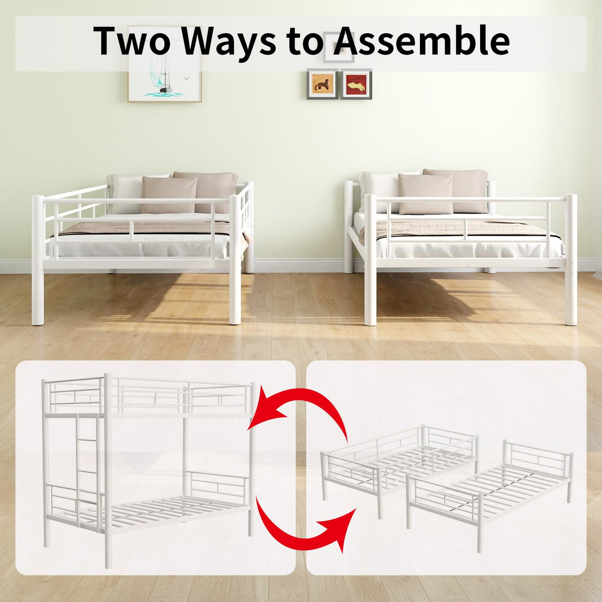Bellemave Bunk Bed Twin Over Twin, Twin Bunk Beds with High Guardrail and Build in Ladder, Kids Bunk Beds with Slats, No Box Spring Needed, White Bellemave