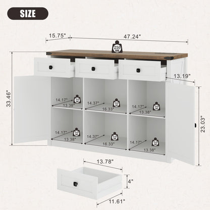 TAGELIER White Farmhouse Buffet Cabinet with Storage, 3 Drawers, 2 Doors, LED Light and Charging Station