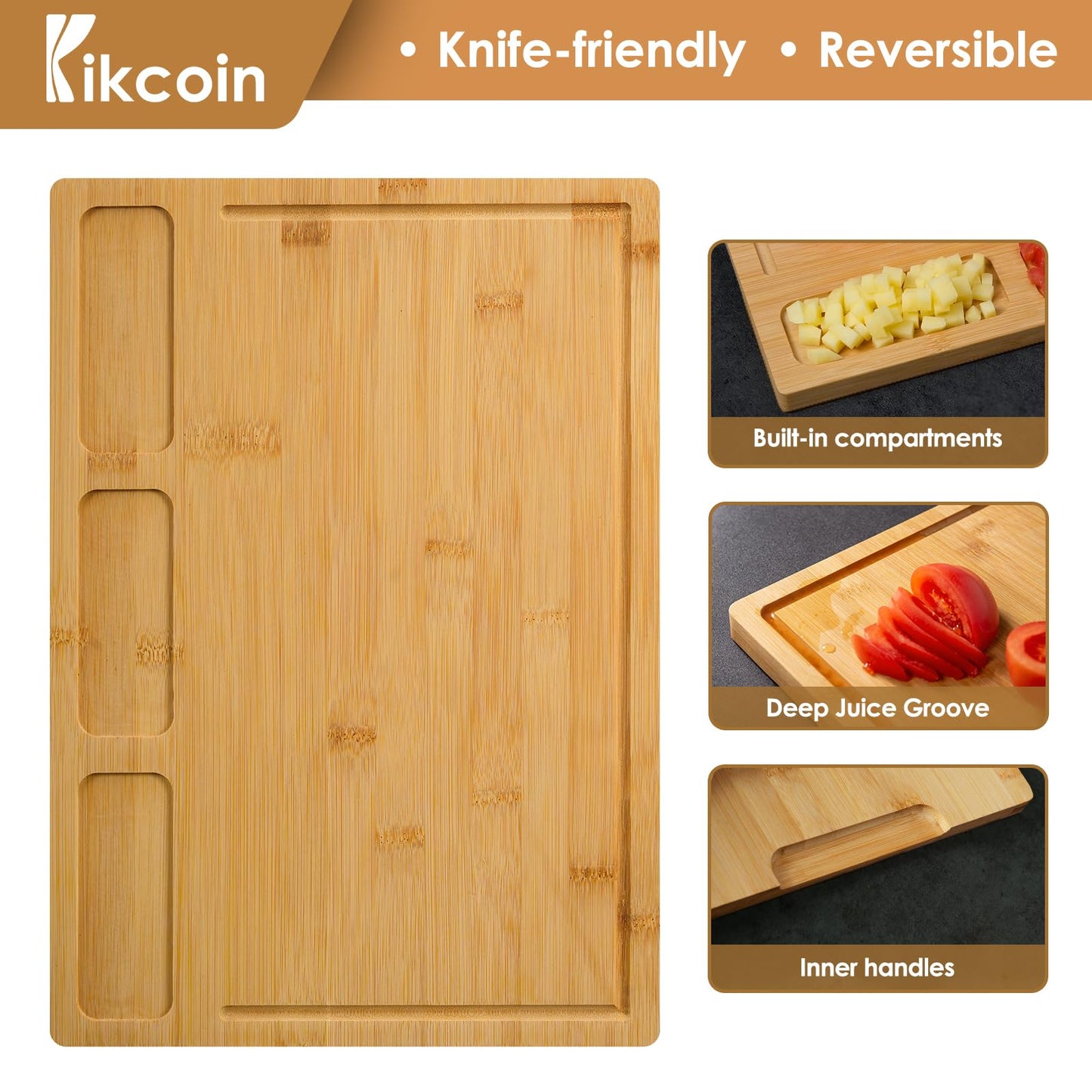 Bamboo Cutting Boards for Kitchen, (Set of 3) Kitchen Chopping Board with 3 Built-In Compartments and Juice Groove Heavy Duty Serving Tray Wood - WoodArtSupply