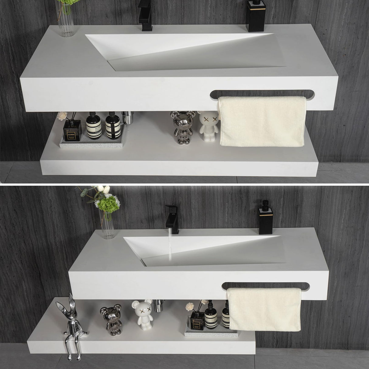 Gesipor 48"x19" Wall-Mount Stone Resin Bathroom Sink Rectangular Vessel Sinks for Bathroom Floating Vanity Sink Trough Modern Art Basin with Shelf Layer GESIPOR