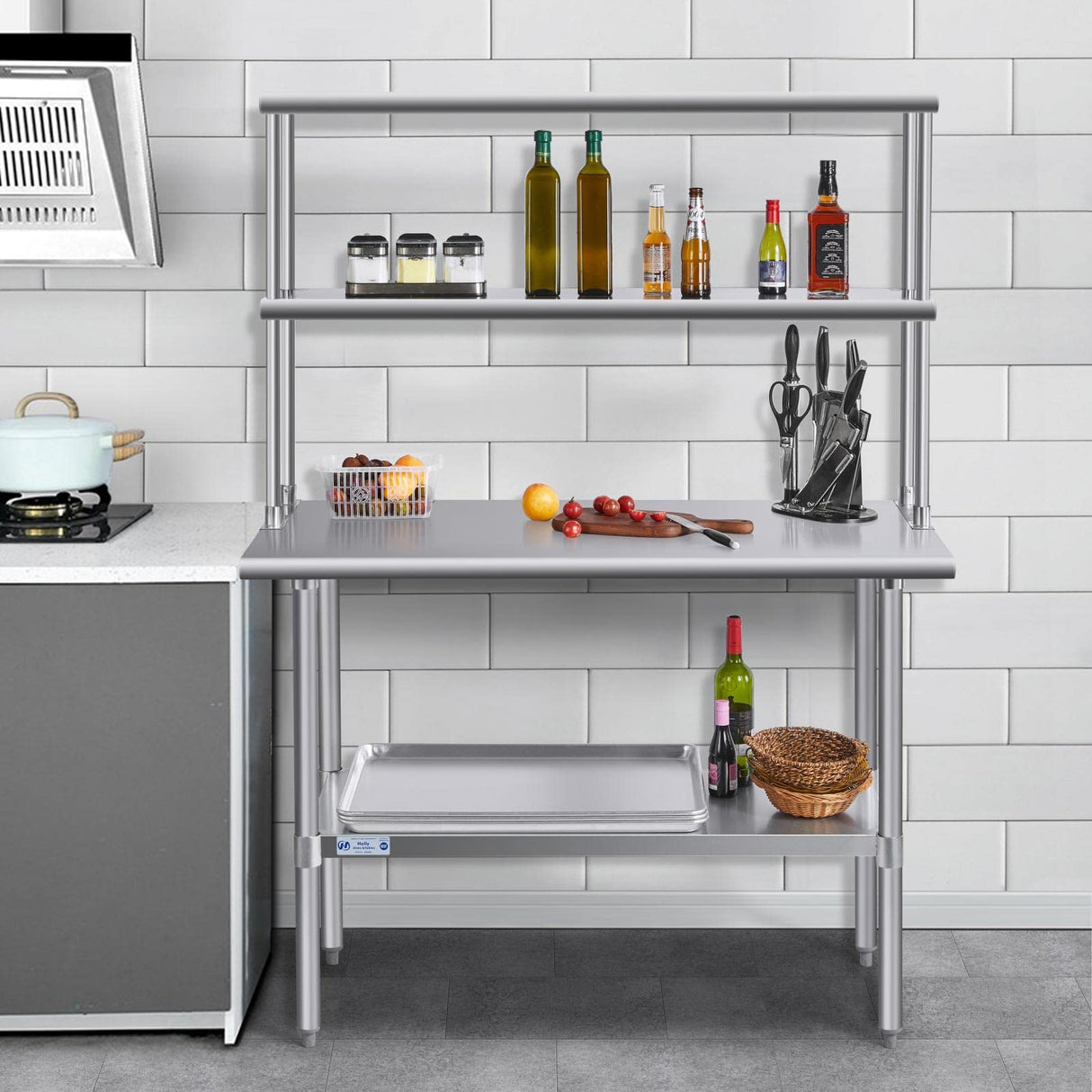Hally Double Overshelf of Stainless Steel 12'' x 48'' Weight Capacity 380lb, Commercial 2 Tier Shelf for Prep & Work Table in Restaurant, Home and Kitchen HALLY SINKS & TABLES H
