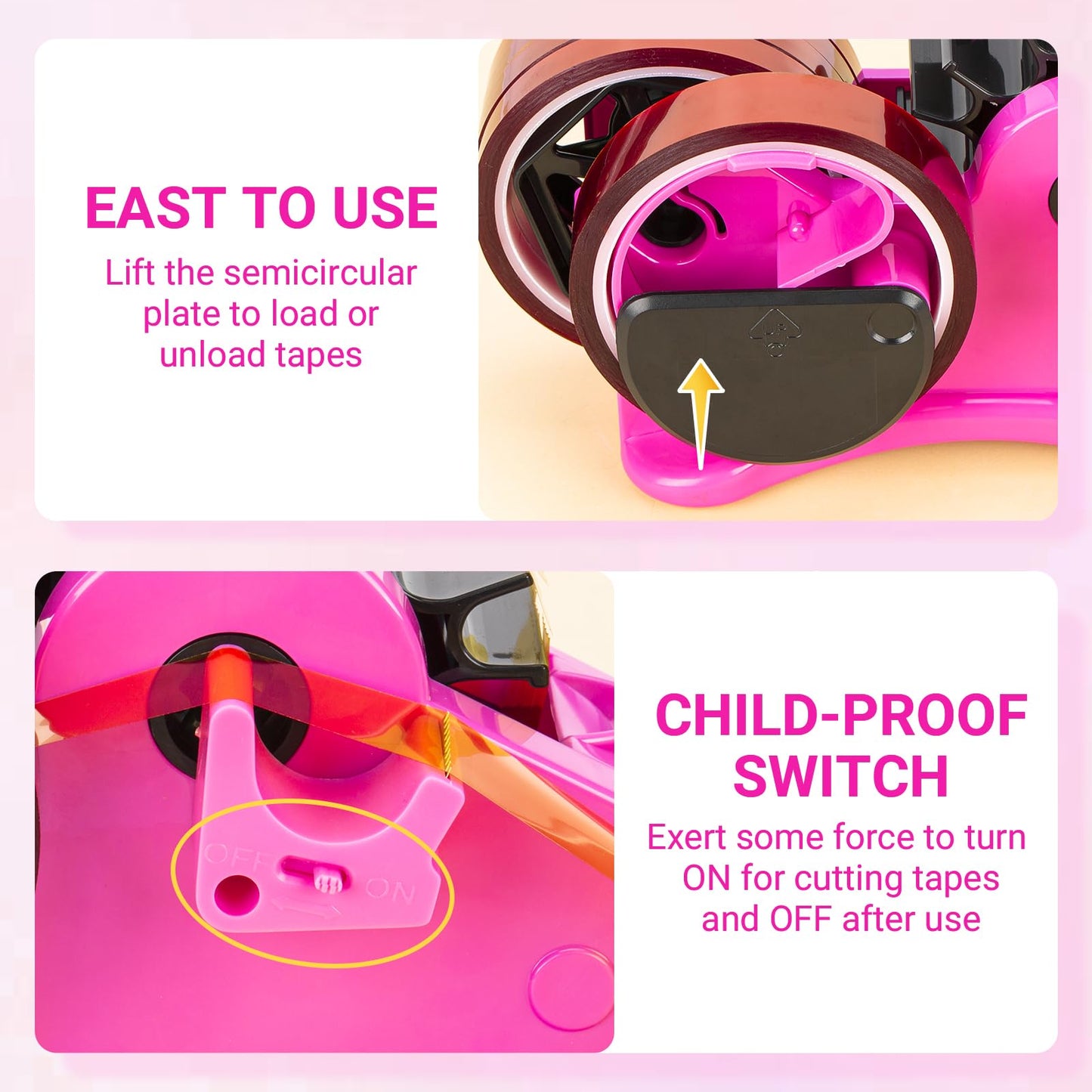 THINKLEARN Pink Heat Tape Dispenser Sublimation - Heat Transfer Tape Dispenser with Cutting Set, 1 '' & 3'' Core, Multi-Roll Cut Tape Dispenser for Crafting, PreCut 1.4'' Pieces