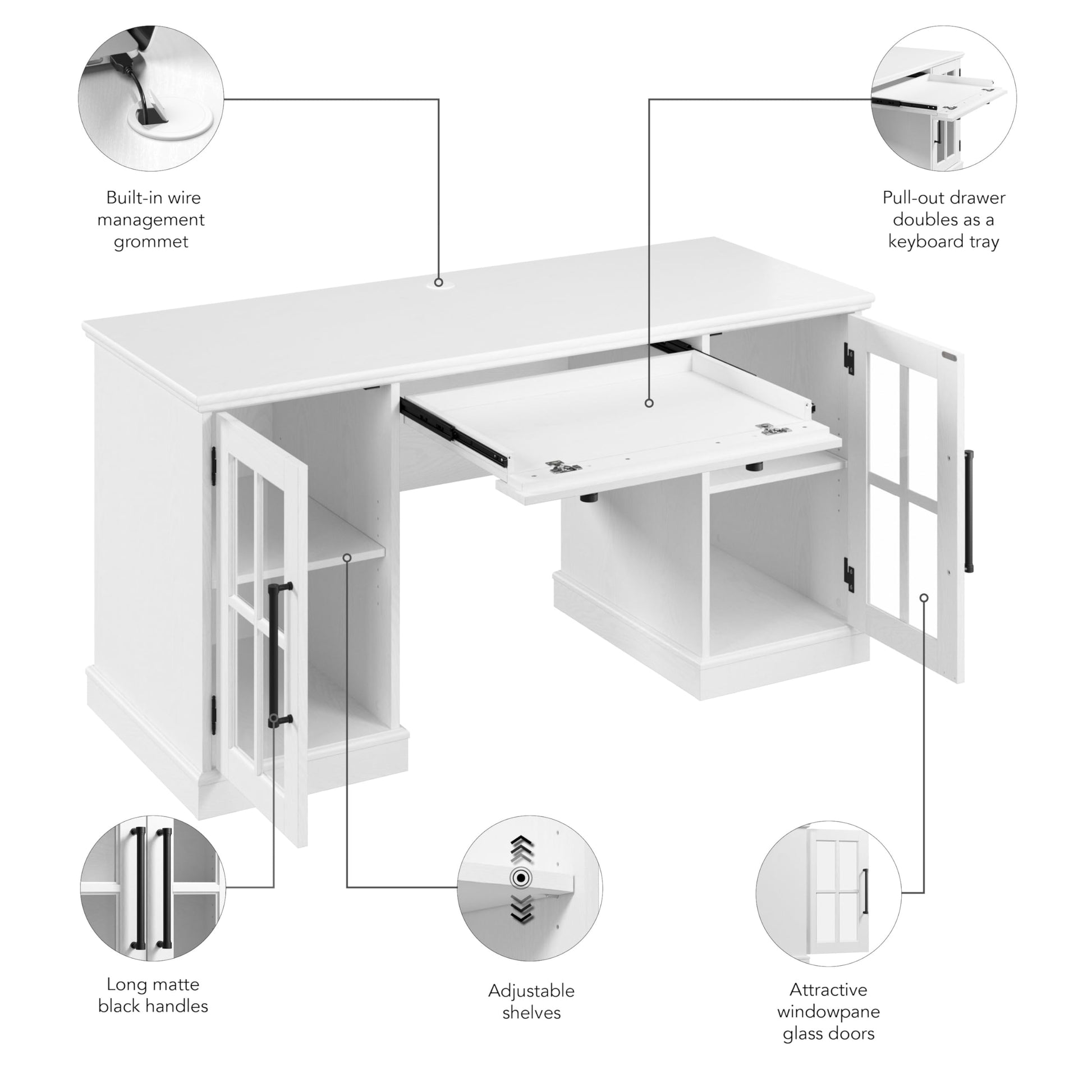 Bush Furniture Westbrook 60W Computer Desk with Storage and Keyboard Tray in White Ash | Farmhouse Desk for Home Office Workspace - WoodArtSupply