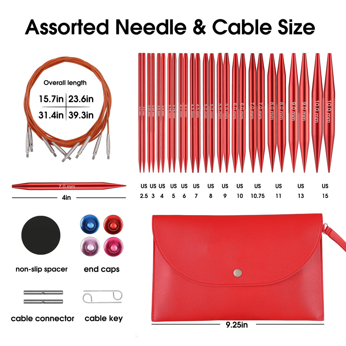 Interchangeable Circular Knitting Needles Set Sizes US 2.5, 3, 4, 5, 6, 7, 8, 9, 10, 10.75, 11, 13, 15 with Cables, Accessories and Case (Rose Red) GUCLUD
