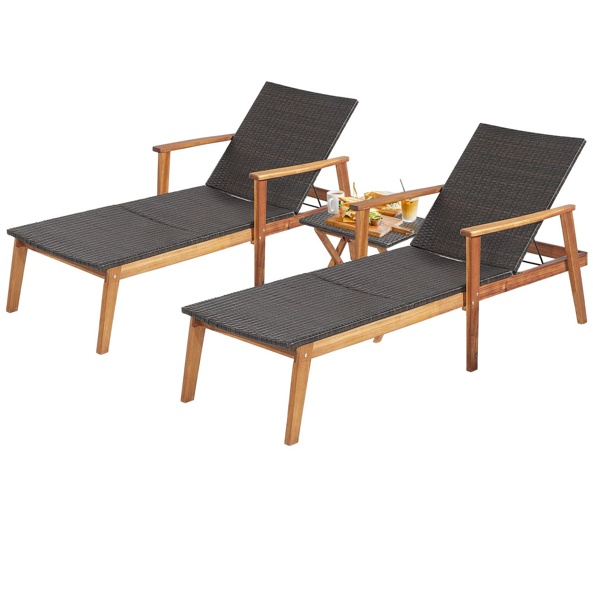 Tangkula 3 Piece Patio Chaise Lounge & Table Set, Outdoor Rattan Lounge Chair w/Folding Side Table, 4-Level Adjustable Backrest, Solid Acacia Wood Frame, Recliner & Table Set for Backyard (Mix Brown) Tangkula