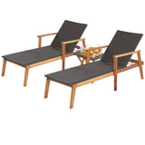 Tangkula 3 Piece Patio Chaise Lounge & Table Set, Outdoor Rattan Lounge Chair w/Folding Side Table, 4-Level Adjustable Backrest, Solid Acacia Wood Frame, Recliner & Table Set for Backyard (Mix Brown) Tangkula