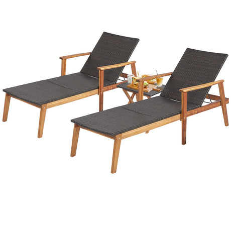 Tangkula 3 Piece Patio Chaise Lounge & Table Set, Outdoor Rattan Lounge Chair w/Folding Side Table, 4-Level Adjustable Backrest, Solid Acacia Wood Frame, Recliner & Table Set for Backyard (Mix Brown) Tangkula