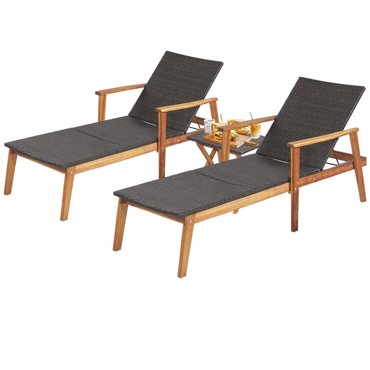 Tangkula 3 Piece Patio Chaise Lounge & Table Set, Outdoor Rattan Lounge Chair w/Folding Side Table, 4-Level Adjustable Backrest, Solid Acacia Wood Frame, Recliner & Table Set for Backyard (Mix Brown)