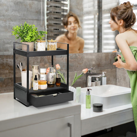 Ukonvi 2-Tier Bathroom Organizer Countertop with Drawer, Wood Counter Shelf for Storage, Vanity Tray for Organization and Decor, Countertop Organizer for Bathroom, Kitchen, Office (Black) Ukonvi
