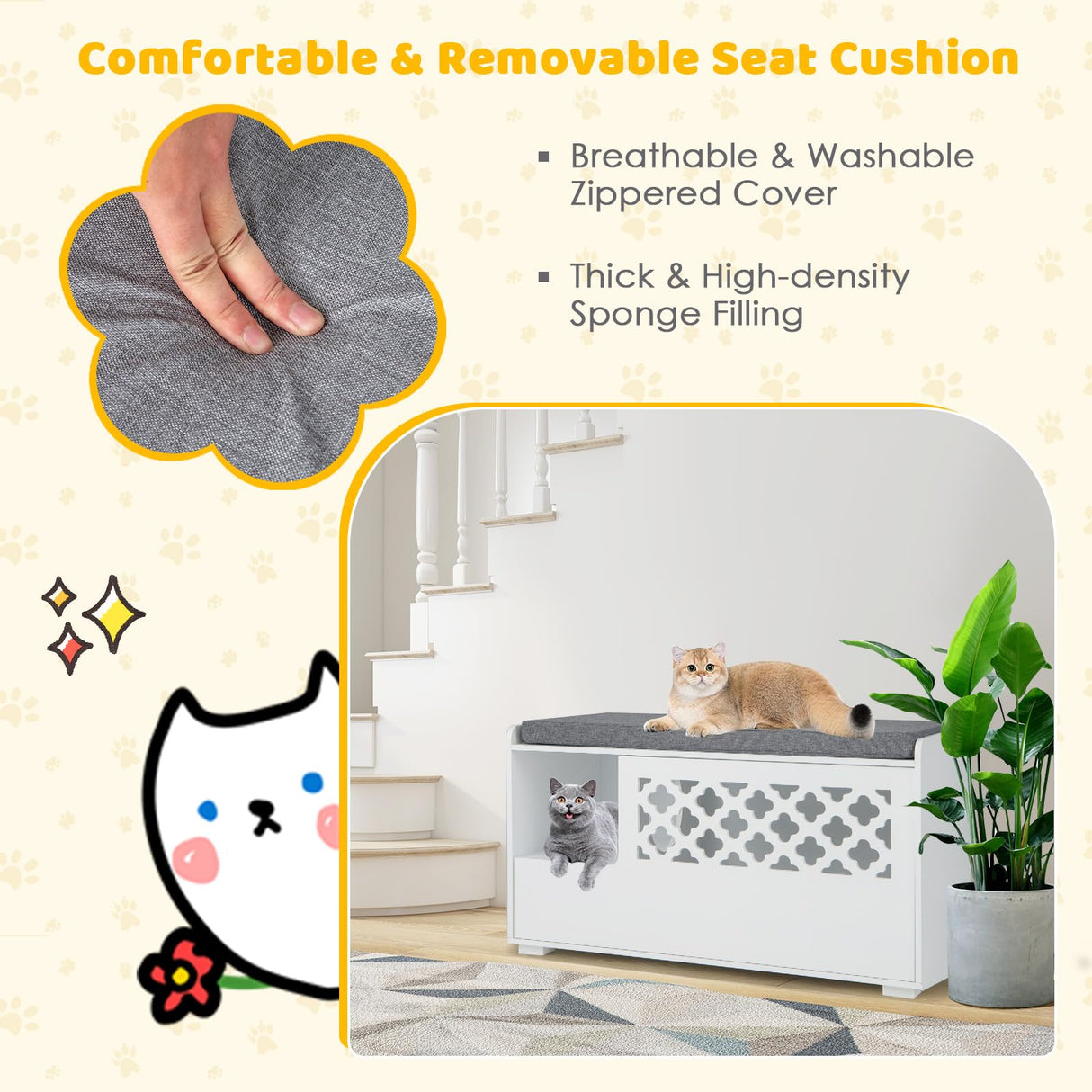 Tangkula Cat Litter Box Enclosure, Hidden Litter Box with Removable Cushion & Flip-Down Opening, Multifunctional Storage Cabinet Bench, Modern Litter Box Furniture Fits Most Litter Box (White) Tangkula