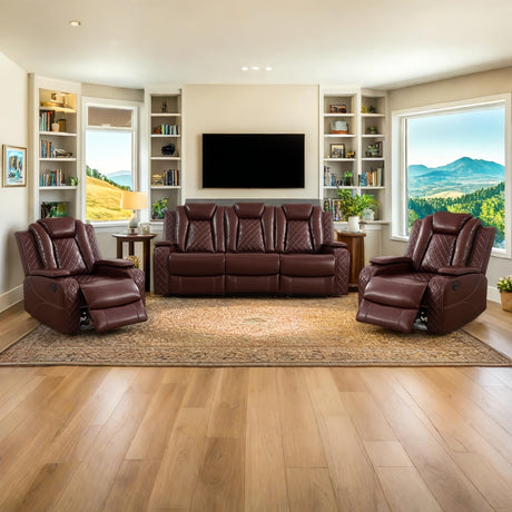 AYCP Furniture Power Recliner Set with LED Lights, Air Leather Reclining Set with USB Port/Wireless Charger/Storage Console/Cup Holder for House/HomeTheater/Apt (Burgundy, Sofa+2Chairs) AYCP Furniture