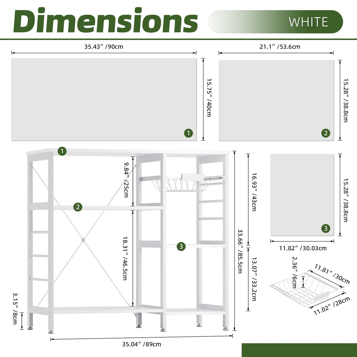 vovala Baker’s Rack, Microwave Oven Stand with Bamboo Frame, 35.43" Coffee Bar with Wire Basket & 6 Hooks, 3-Tier Kitchen Storage Shelf Stand for Kitchen, Living Room, Office, White vovala