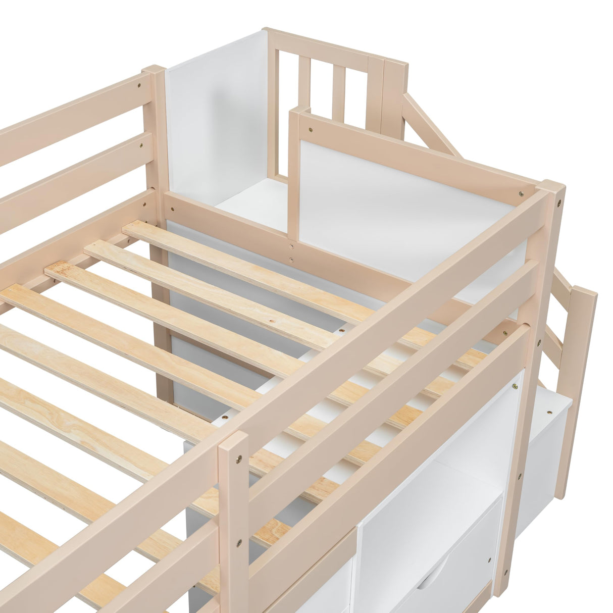 Bellemave Twin Size Low loft Bed for Kids,Wood Loft Beds,Modern Farmhouse Twin loft Bed,Loft Bed with Desk and Storage, No Box Spring Needed,for Kids, Cream White and Natural Bellemave