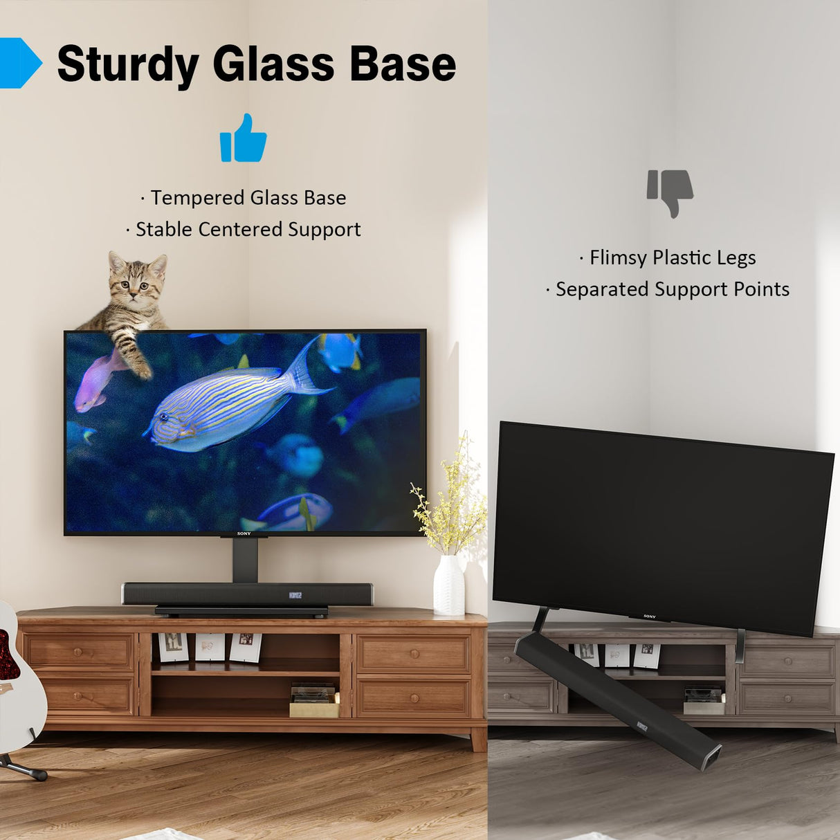Universal TV Stand - Table Top TV Stand for 27-60 inch LCD LED TVs - 9 Level Height Adjustable TV Base Stand with Tempered Glass Base & Wire Management, VESA 400x400mm Hemudu