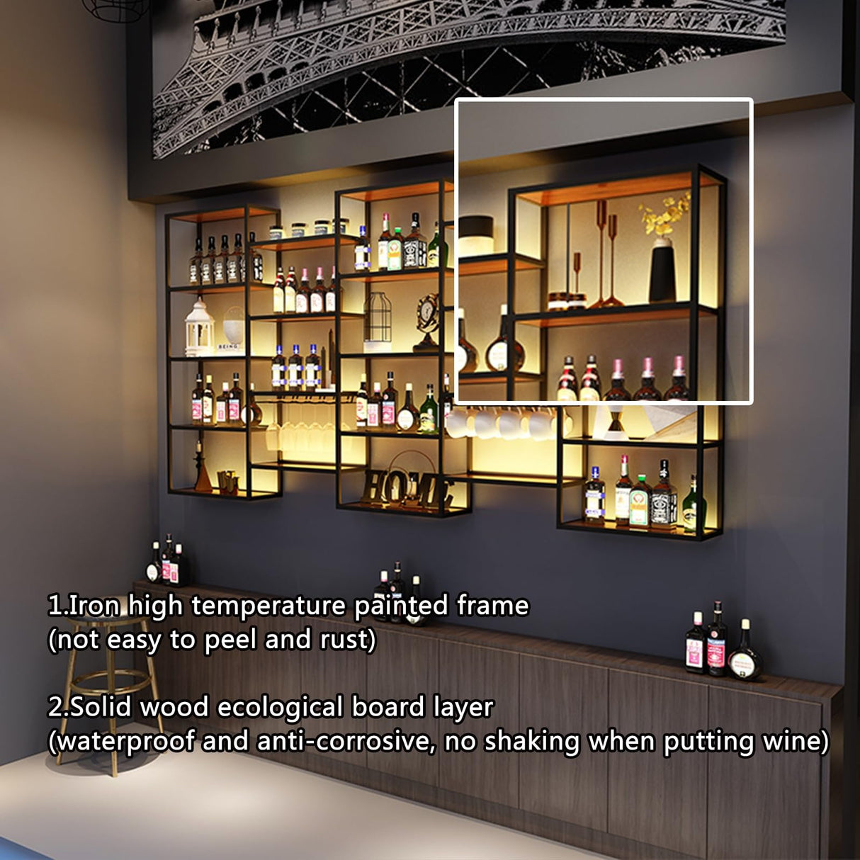 SEIFE Suspended metal display shelf ，living room liquor cabinet for wall，metal bar shelves with led light，liquor wall shelf with wine glass rack，Living room, bar, kitchen, restaurant(150cm/59in) SEIFE