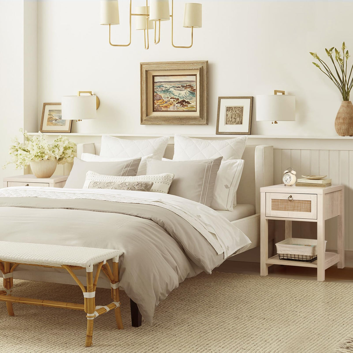 VOWNER White Rattan Nightstand Set of 2, Wood Night Stand with Vintage Metal Pull Handle, 2 PCS Bedside Table Boho End Tables with Storage, Side Tables Shelf for Bedroom, Small Space VOWNER