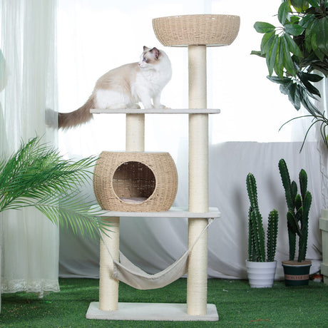 Pawlabay Wood Cat Tree for Indoor Cats, 52.4 Inch Tall, with Scratching Post and Hammock PawlaBay