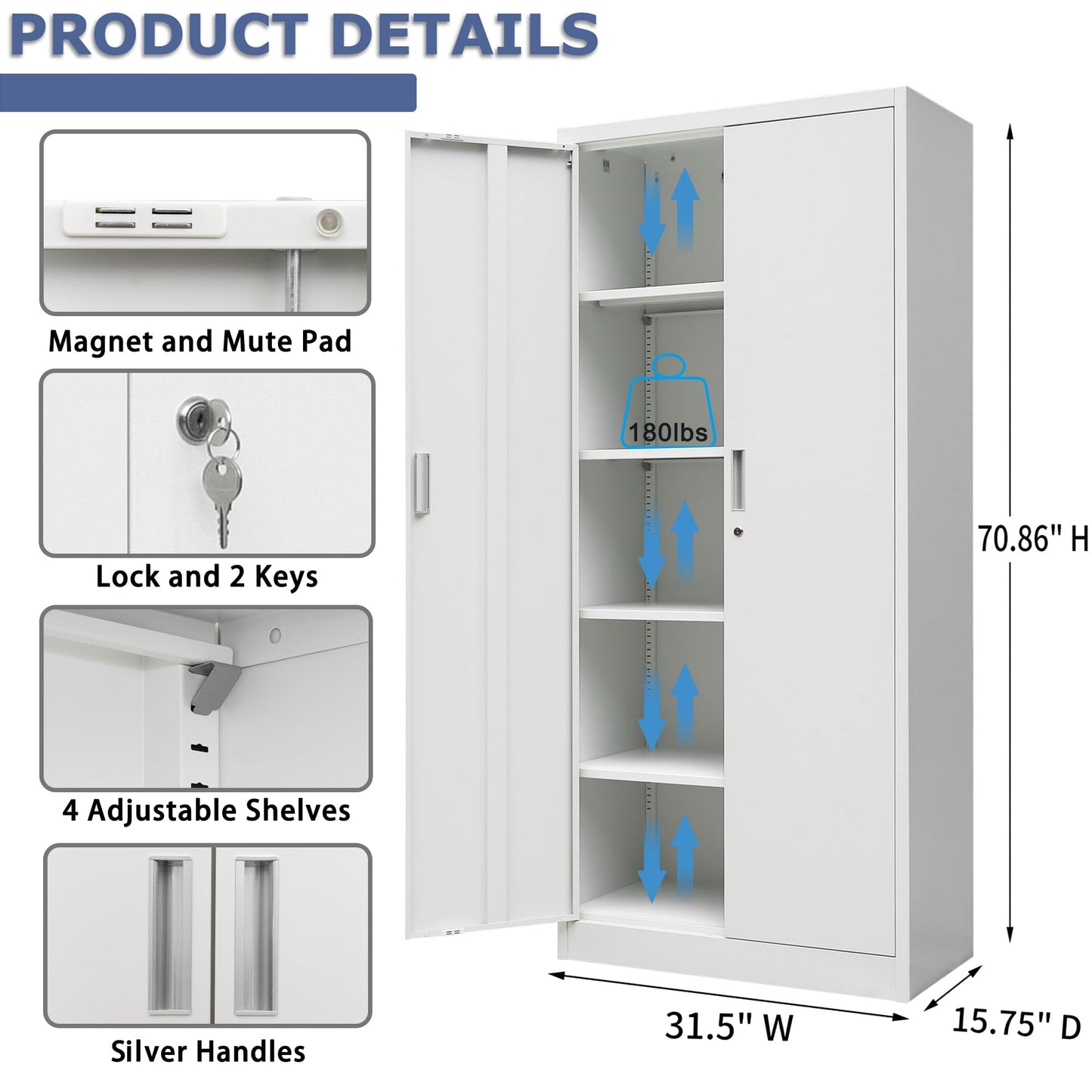 Metal Storage Cabinet, 71”H Locking Storage Cabinet with Adjustable Shelves, Steel Storage Cabinets for Garage, Home, Office, Pantry (White) - WoodArtSupply