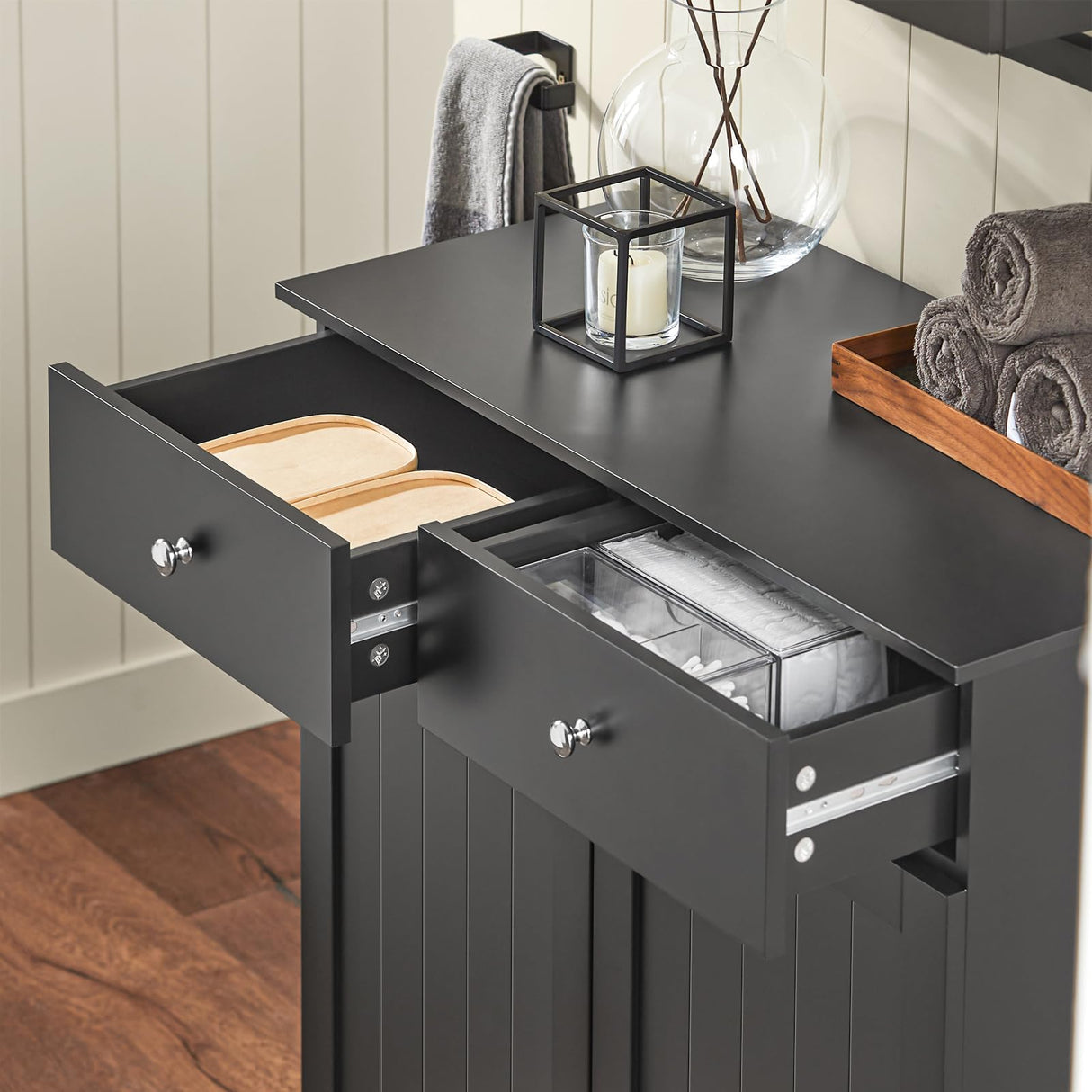 SoBuy Tilt-Out Bathroom Laundry Cabinet Hidden Hamper Organizer with Double Baskets and Drawers Storing Unit Storage Chest Cupboard, Black BZR33-SCH SoBuy